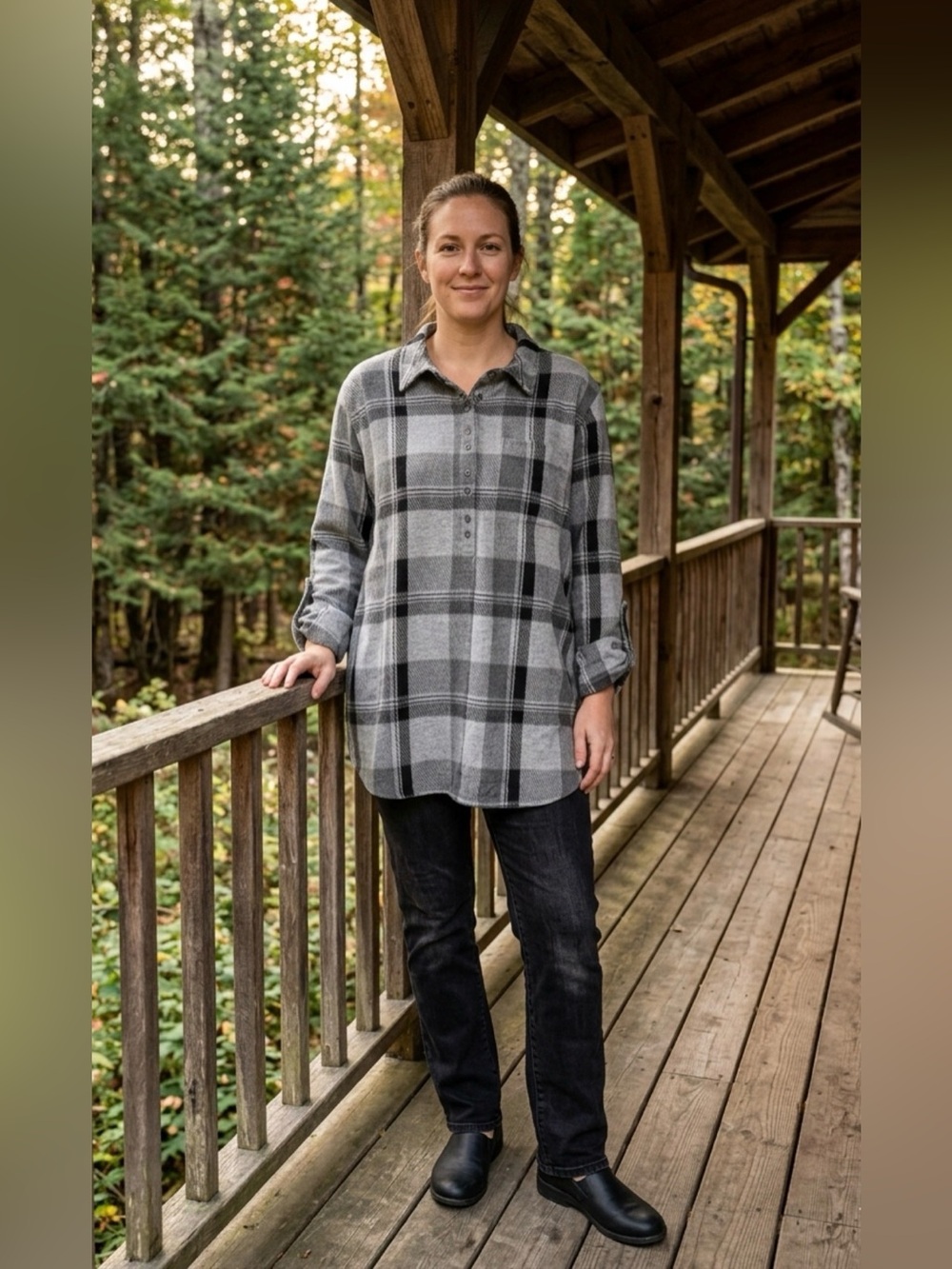 Soft Surroundings Gray Black Flannel Mad About Plaid Tunic Long Sleeve XL Top
